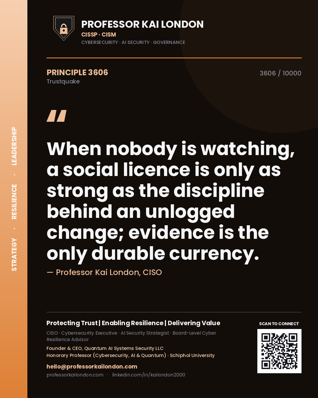 Quote card by Professor Kai London reading 'When nobody is watching, a social licence is only as strong as the discipline behind an unlogged change; evidence is the only durable currency.'. From the book Trustquake.