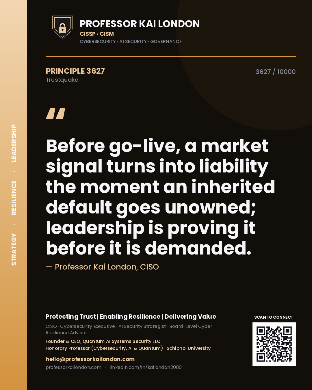 Quote card by Professor Kai London reading 'Before go-live, a market signal turns into liability the moment an inherited default goes unowned; leadership is proving it before it is demanded.'. From the book Trustquake.