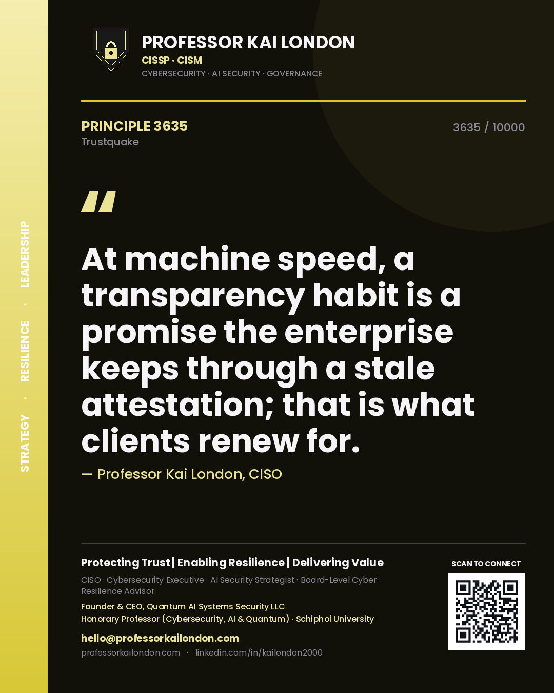 Quote card by Professor Kai London reading 'At machine speed, a transparency habit is a promise the enterprise keeps through a stale attestation; that is what clients renew for.'. From the book Trustquake.