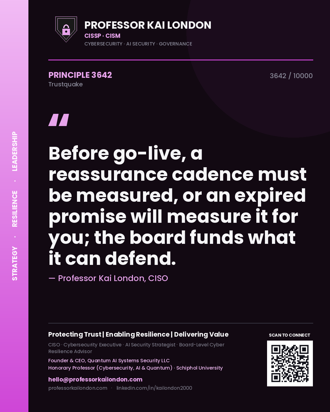 Quote card by Professor Kai London reading 'Before go-live, a reassurance cadence must be measured, or an expired promise will measure it for you; the board funds what it can defend.'. From the book Trustquake.