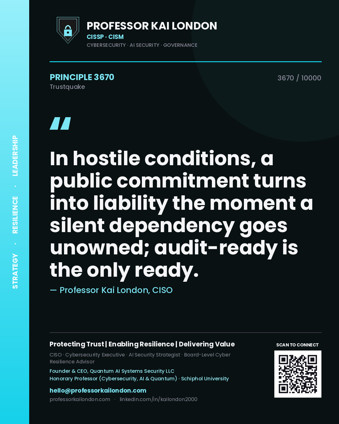 Professor Kai London principle 3670: In hostile conditions, a public commitment turns into liability the moment a silent dependency goes unowned; audit-ready is the only ready.