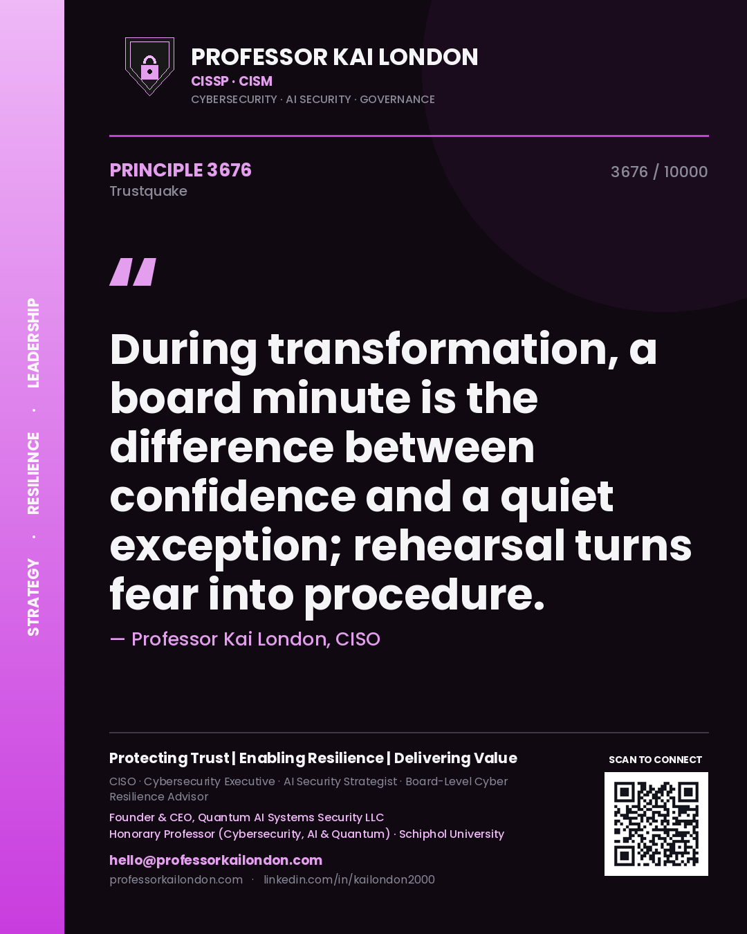 Quote card by Professor Kai London reading 'During transformation, a board minute is the difference between confidence and a quiet exception; rehearsal turns fear into procedure.'. From the book Trustquake.