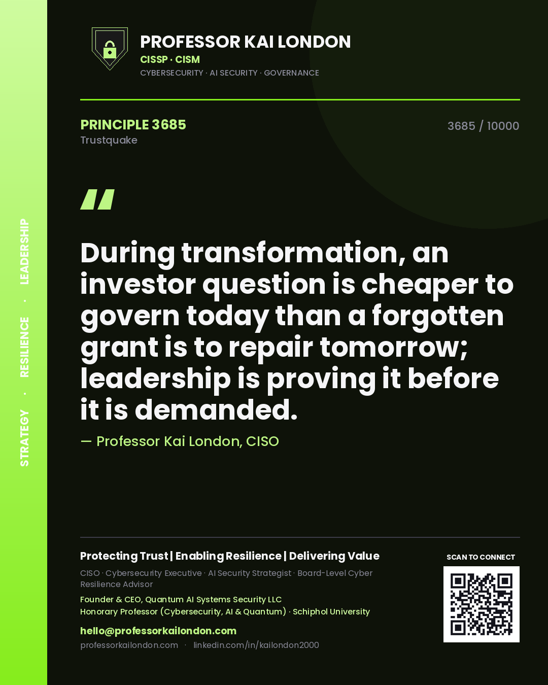Quote card by Professor Kai London reading 'During transformation, an investor question is cheaper to govern today than a forgotten grant is to repair tomorrow; leadership is proving it before it is demanded.'. From the book Trustquake.