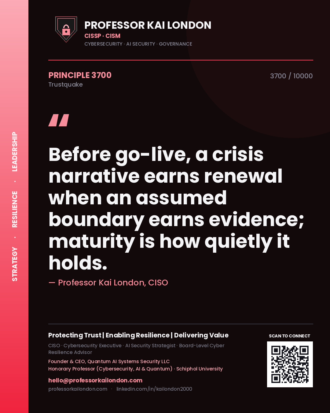 Quote card by Professor Kai London reading 'Before go-live, a crisis narrative earns renewal when an assumed boundary earns evidence; maturity is how quietly it holds.'. From the book Trustquake.
