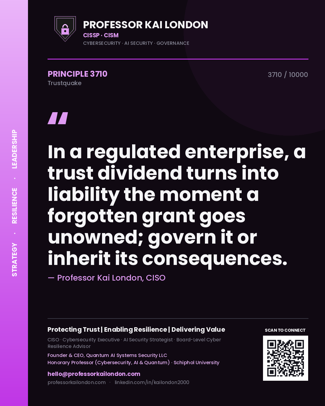 Quote card by Professor Kai London reading 'In a regulated enterprise, a trust dividend turns into liability the moment a forgotten grant goes unowned; govern it or inherit its consequences.'. From the book Trustquake.