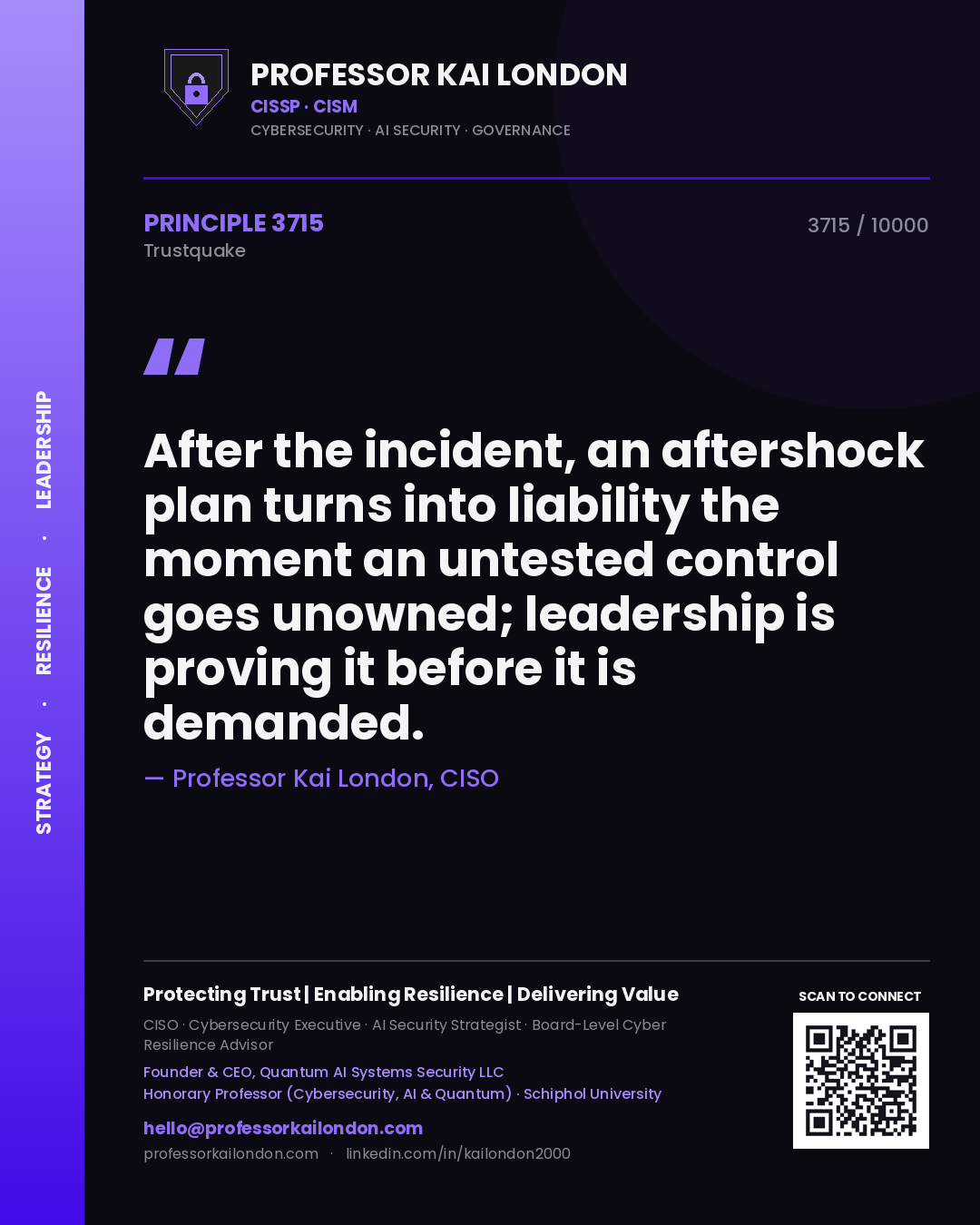 Professor Kai London principle 3715: After the incident, an aftershock plan turns into liability the moment an untested control goes unowned; leadership is proving it before it is demanded.