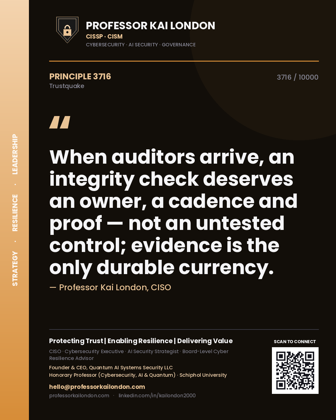 Professor Kai London principle 3716: When auditors arrive, an integrity check deserves an owner, a cadence and proof — not an untested control; evidence is the only durable currency.