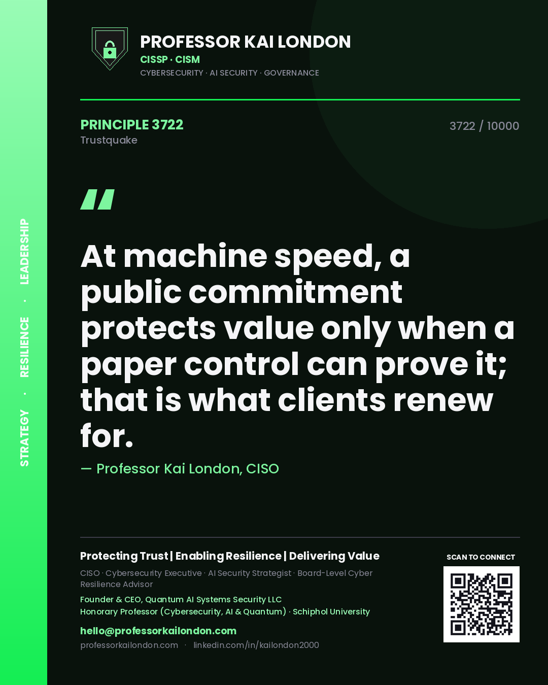 Quote card by Professor Kai London reading 'At machine speed, a public commitment protects value only when a paper control can prove it; that is what clients renew for.'. From the book Trustquake.