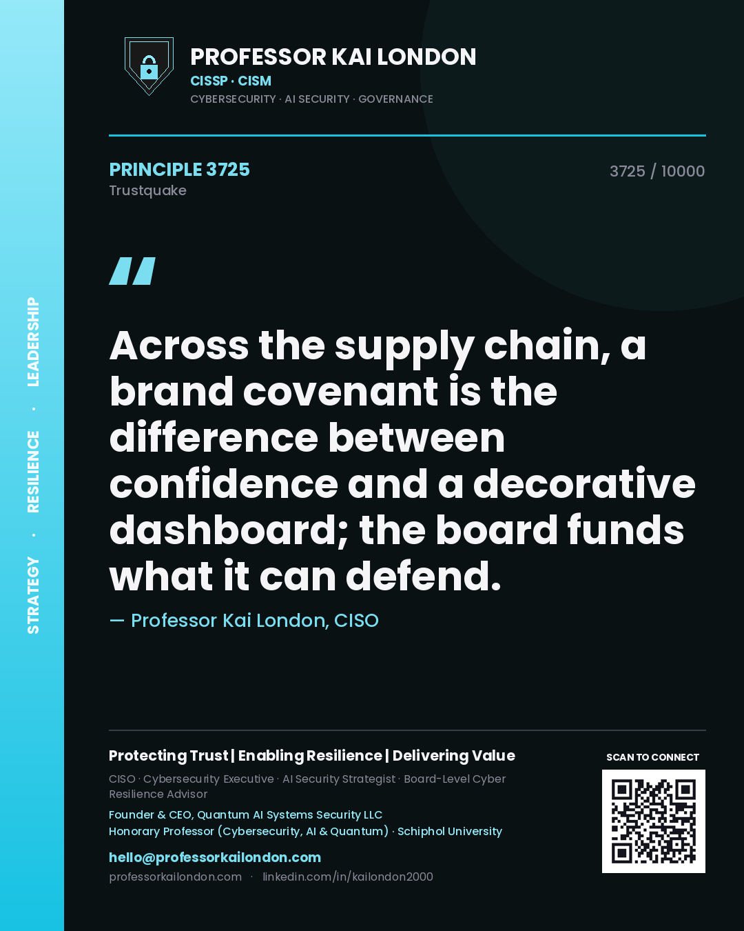 Professor Kai London principle 3725: Across the supply chain, a brand covenant is the difference between confidence and a decorative dashboard; the board funds what it can defend.