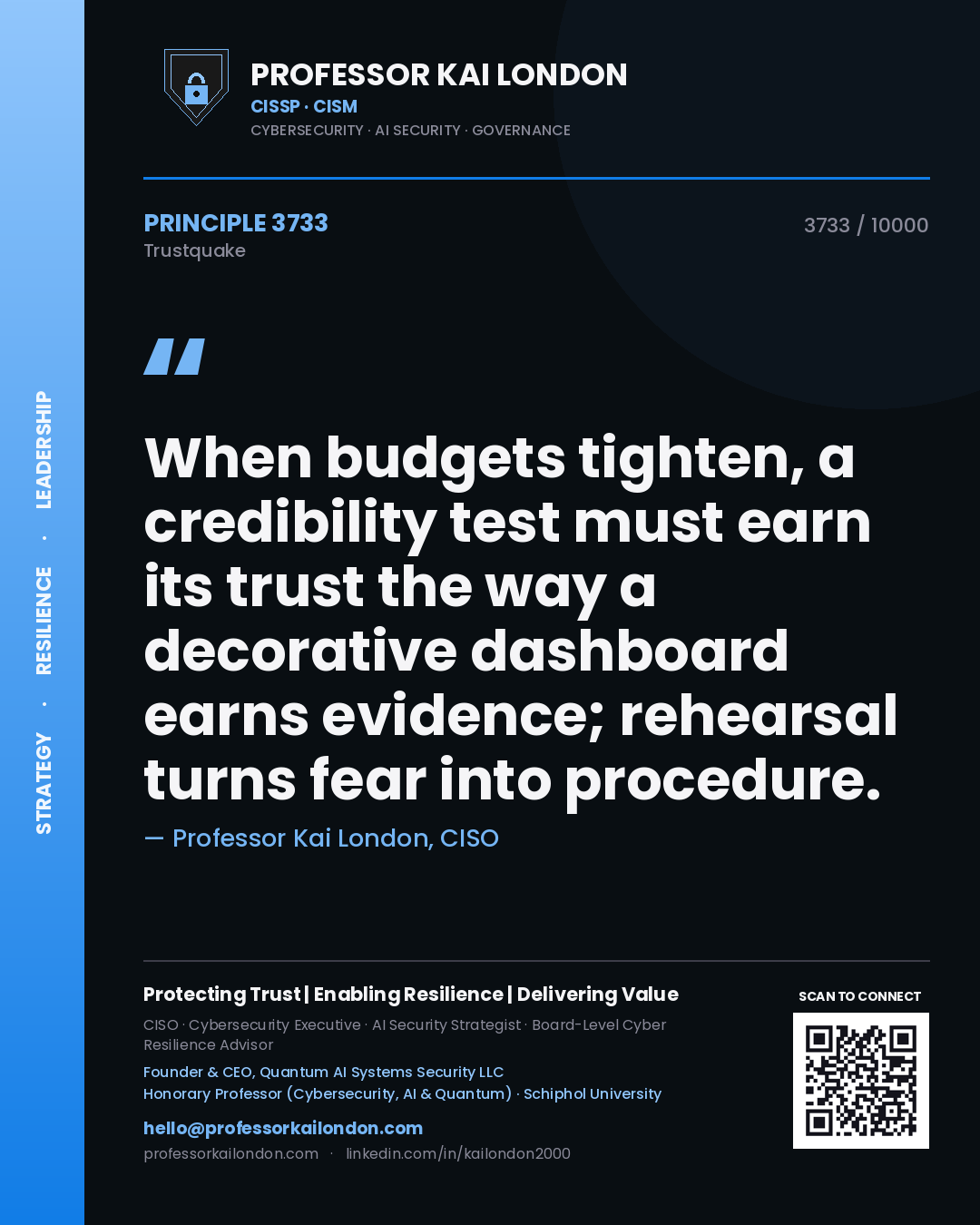 Quote card by Professor Kai London reading 'When budgets tighten, a credibility test must earn its trust the way a decorative dashboard earns evidence; rehearsal turns fear into procedure.'. From the book Trustquake.