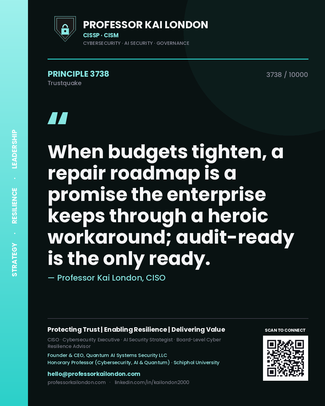 Quote card by Professor Kai London reading 'When budgets tighten, a repair roadmap is a promise the enterprise keeps through a heroic workaround; audit-ready is the only ready.'. From the book Trustquake.