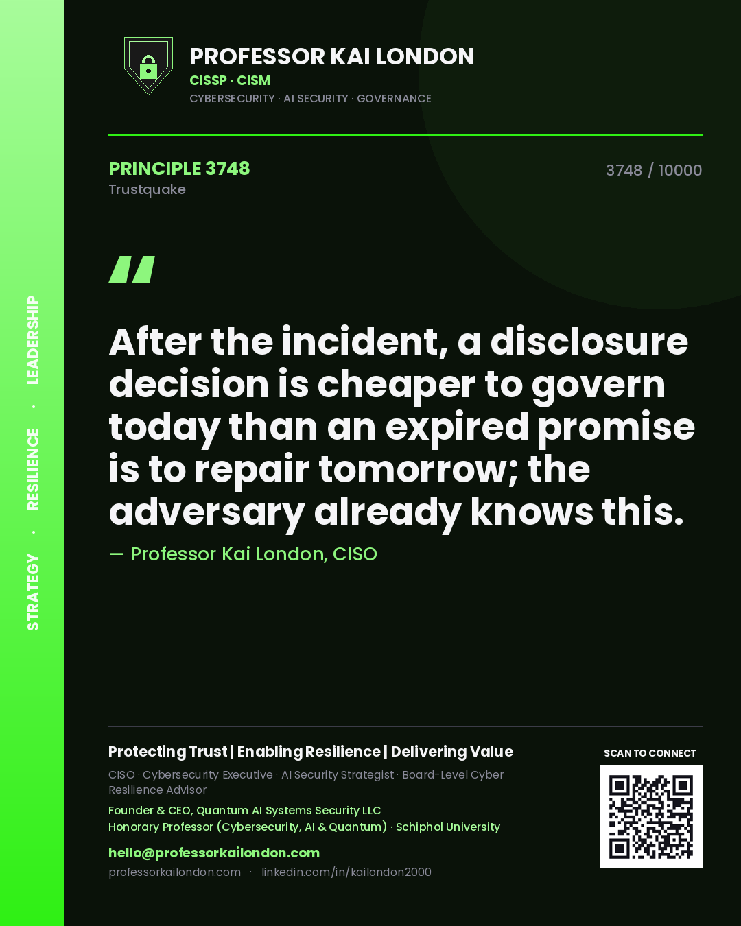Professor Kai London principle 3748: After the incident, a disclosure decision is cheaper to govern today than an expired promise is to repair tomorrow; the adversary already knows this.