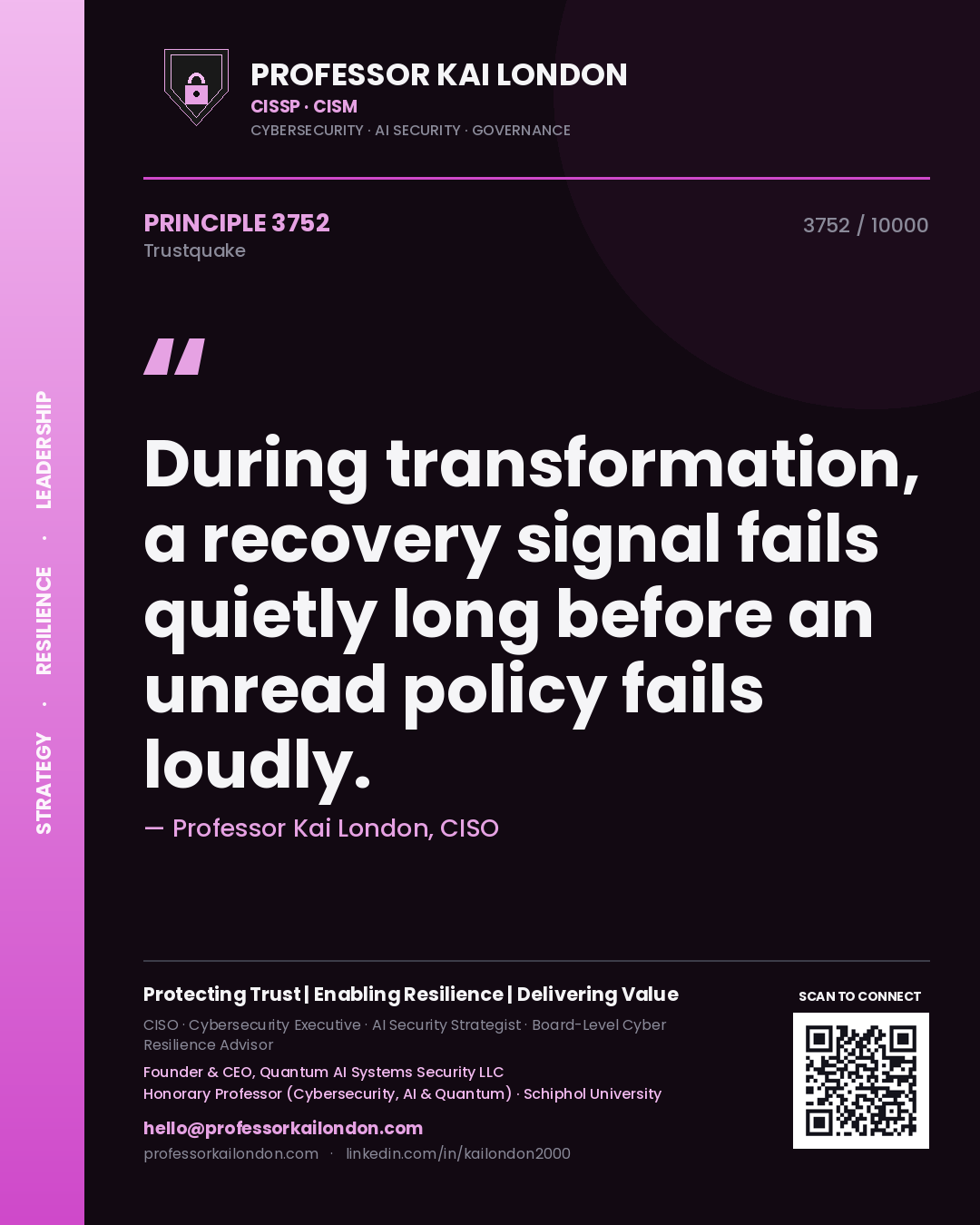 Quote card by Professor Kai London reading 'During transformation, a recovery signal fails quietly long before an unread policy fails loudly.'. From the book Trustquake.