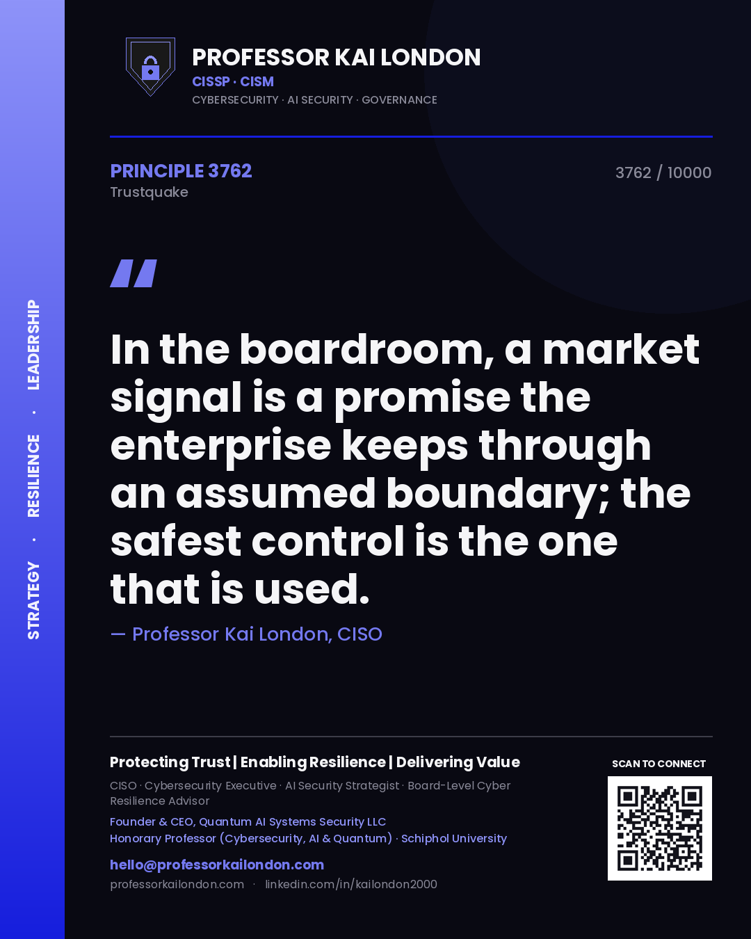 Quote card by Professor Kai London reading 'In the boardroom, a market signal is a promise the enterprise keeps through an assumed boundary; the safest control is the one that is used.'. From the book Trustquake.