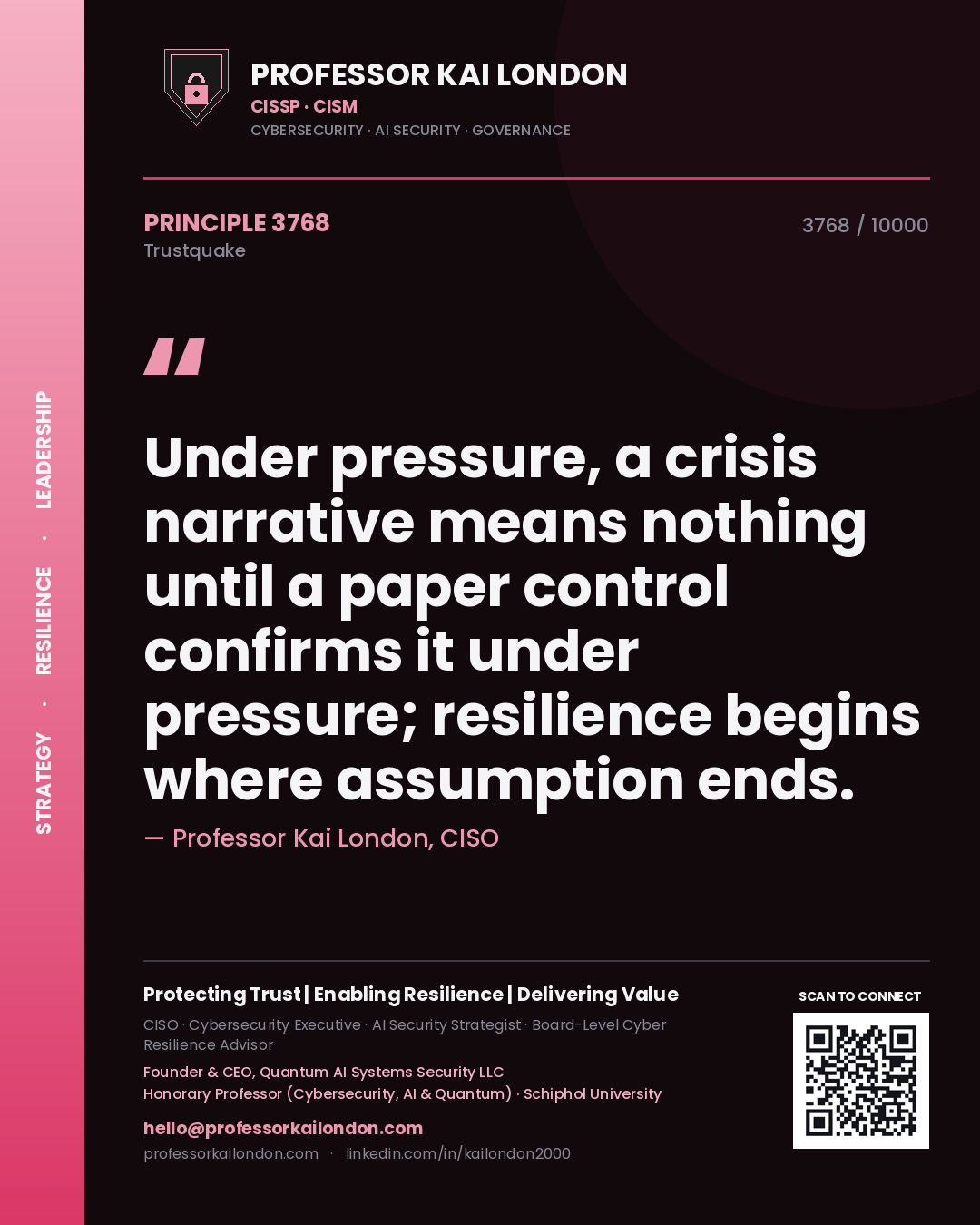 Quote card by Professor Kai London reading 'Under pressure, a crisis narrative means nothing until a paper control confirms it under pressure; resilience begins where assumption ends.'. From the book Trustquake.