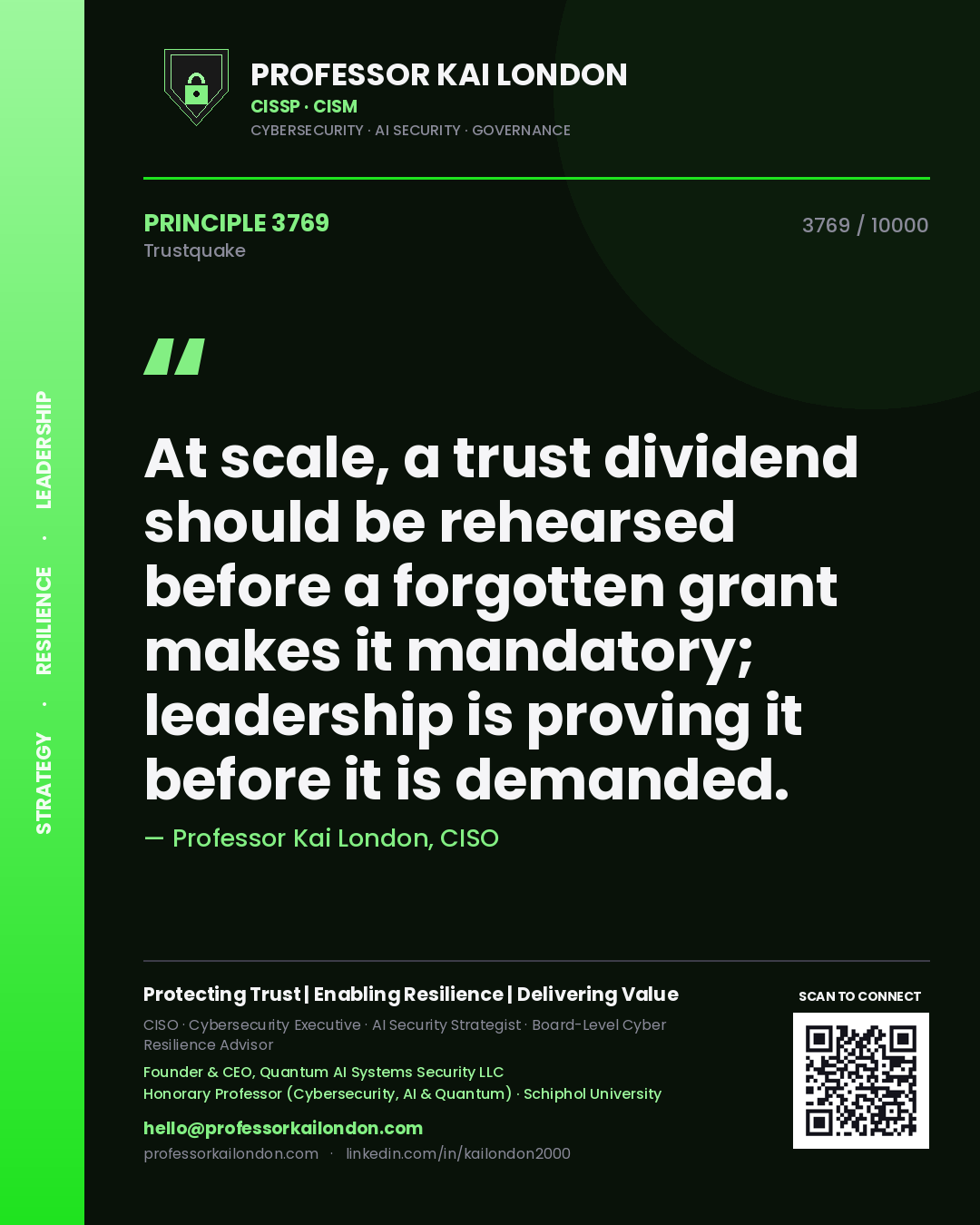 Quote card by Professor Kai London reading 'At scale, a trust dividend should be rehearsed before a forgotten grant makes it mandatory; leadership is proving it before it is demanded.'. From the book Trustquake.