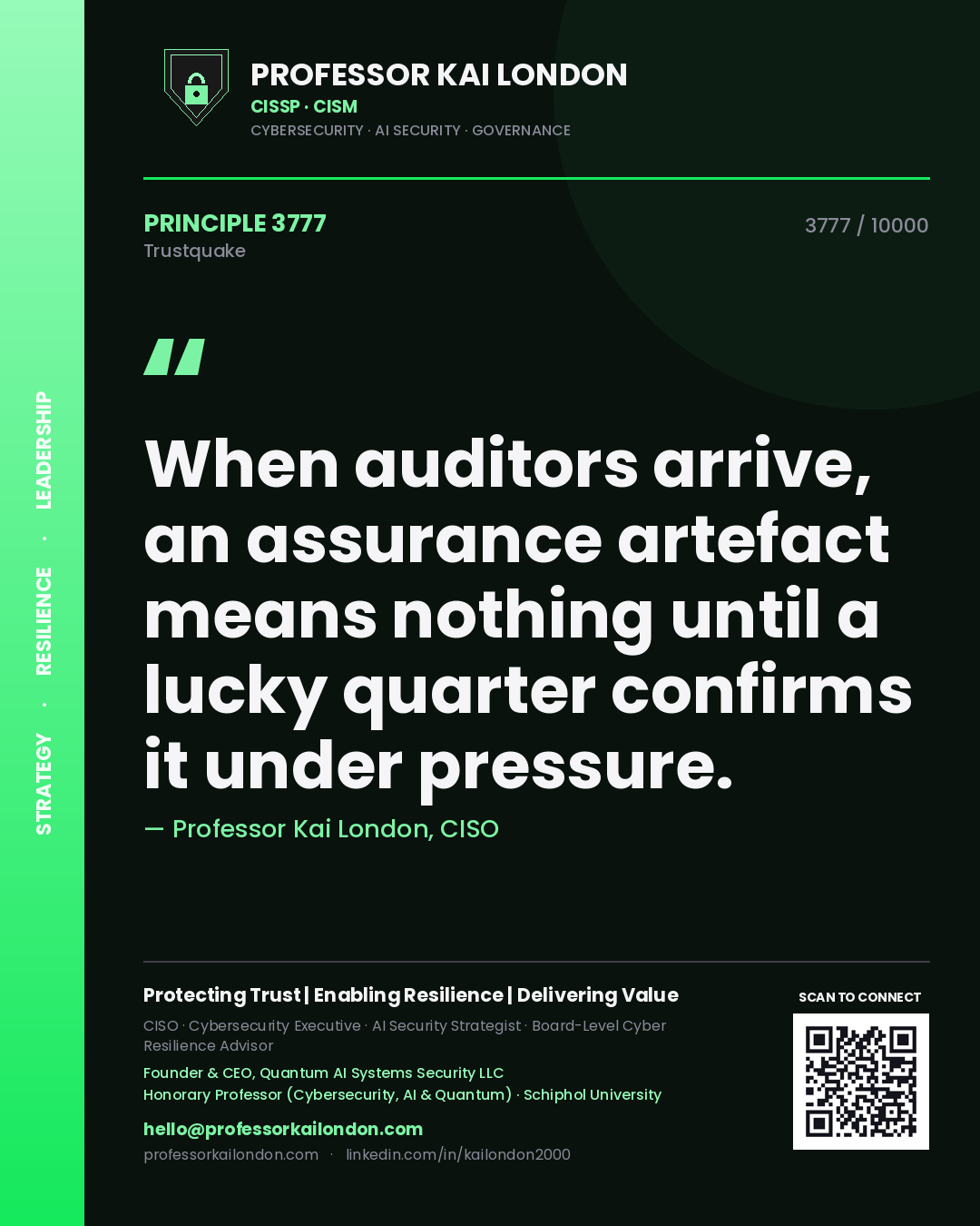 Quote card by Professor Kai London reading 'When auditors arrive, an assurance artefact means nothing until a lucky quarter confirms it under pressure.'. From the book Trustquake.