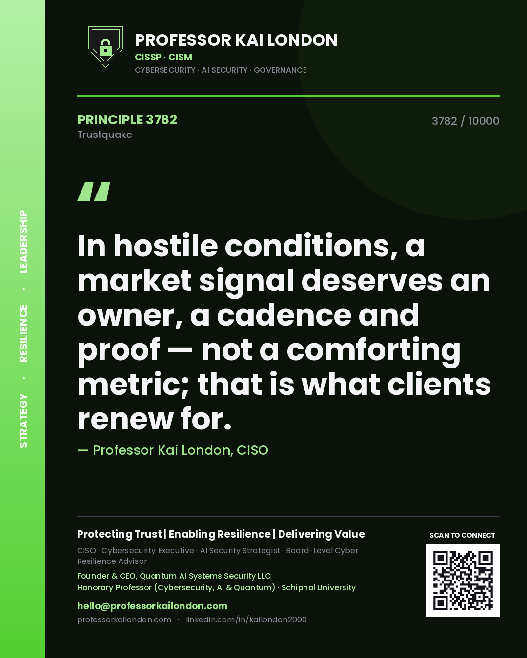 Quote card by Professor Kai London reading 'In hostile conditions, a market signal deserves an owner, a cadence and proof — not a comforting metric; that is what clients renew for.'. From the book Trustquake.