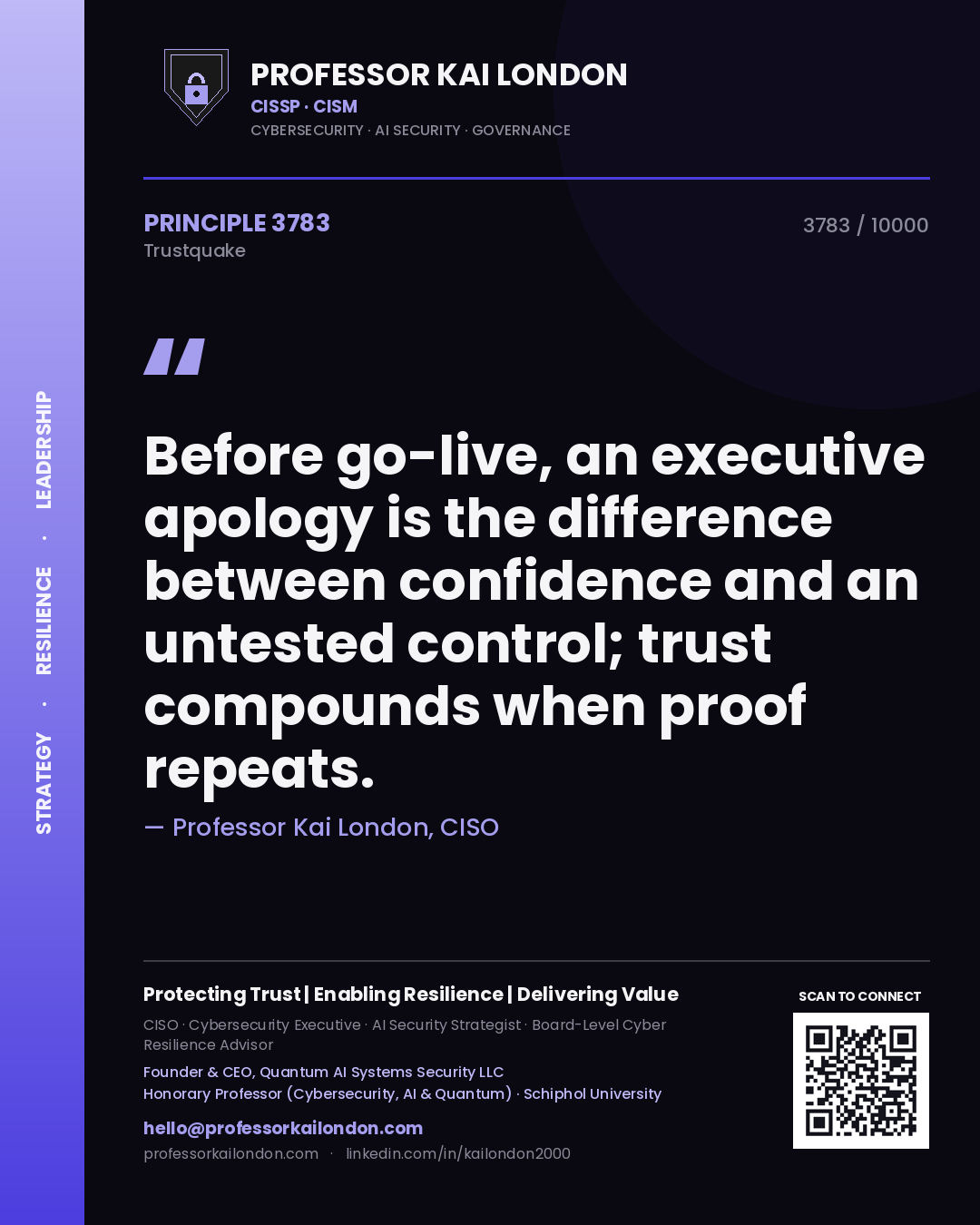 Professor Kai London principle 3783: Before go-live, an executive apology is the difference between confidence and an untested control; trust compounds when proof repeats.