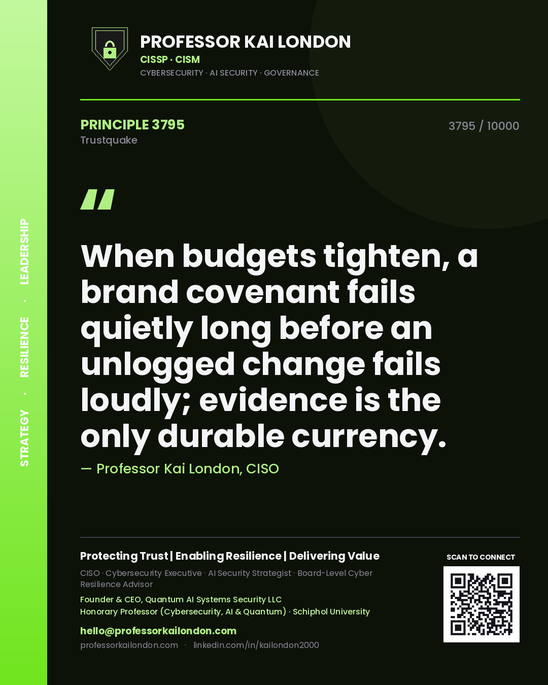 Professor Kai London principle 3795: When budgets tighten, a brand covenant fails quietly long before an unlogged change fails loudly; evidence is the only durable currency.