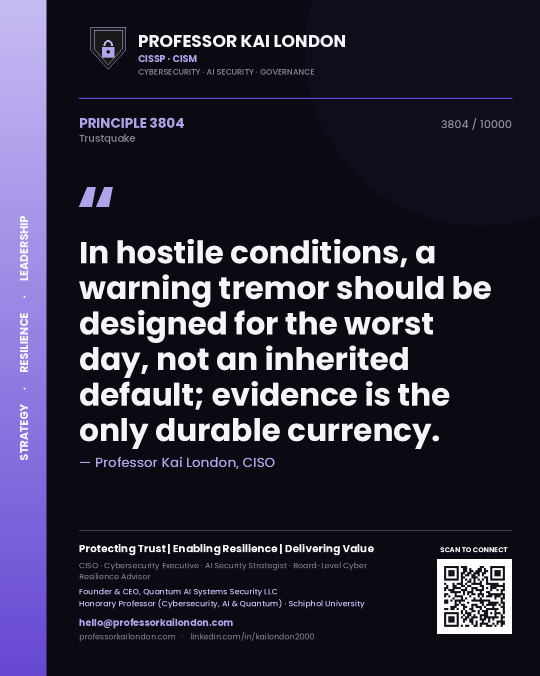 Quote card by Professor Kai London reading 'In hostile conditions, a warning tremor should be designed for the worst day, not an inherited default; evidence is the only durable currency.'. From the book Trustquake.
