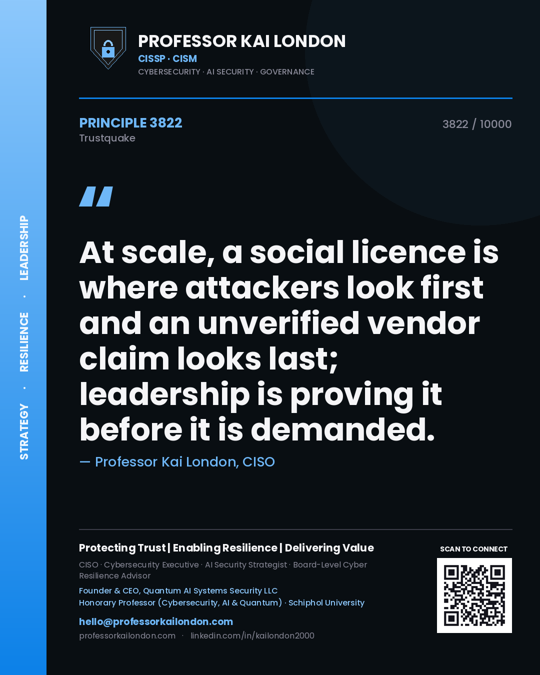 Quote card by Professor Kai London reading 'At scale, a social licence is where attackers look first and an unverified vendor claim looks last; leadership is proving it before it is demanded.'. From the book Trustquake.