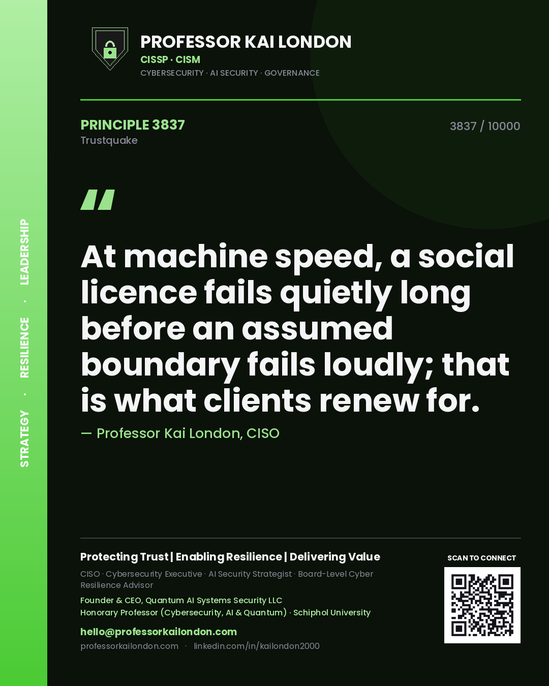 Quote card by Professor Kai London reading 'At machine speed, a social licence fails quietly long before an assumed boundary fails loudly; that is what clients renew for.'. From the book Trustquake.
