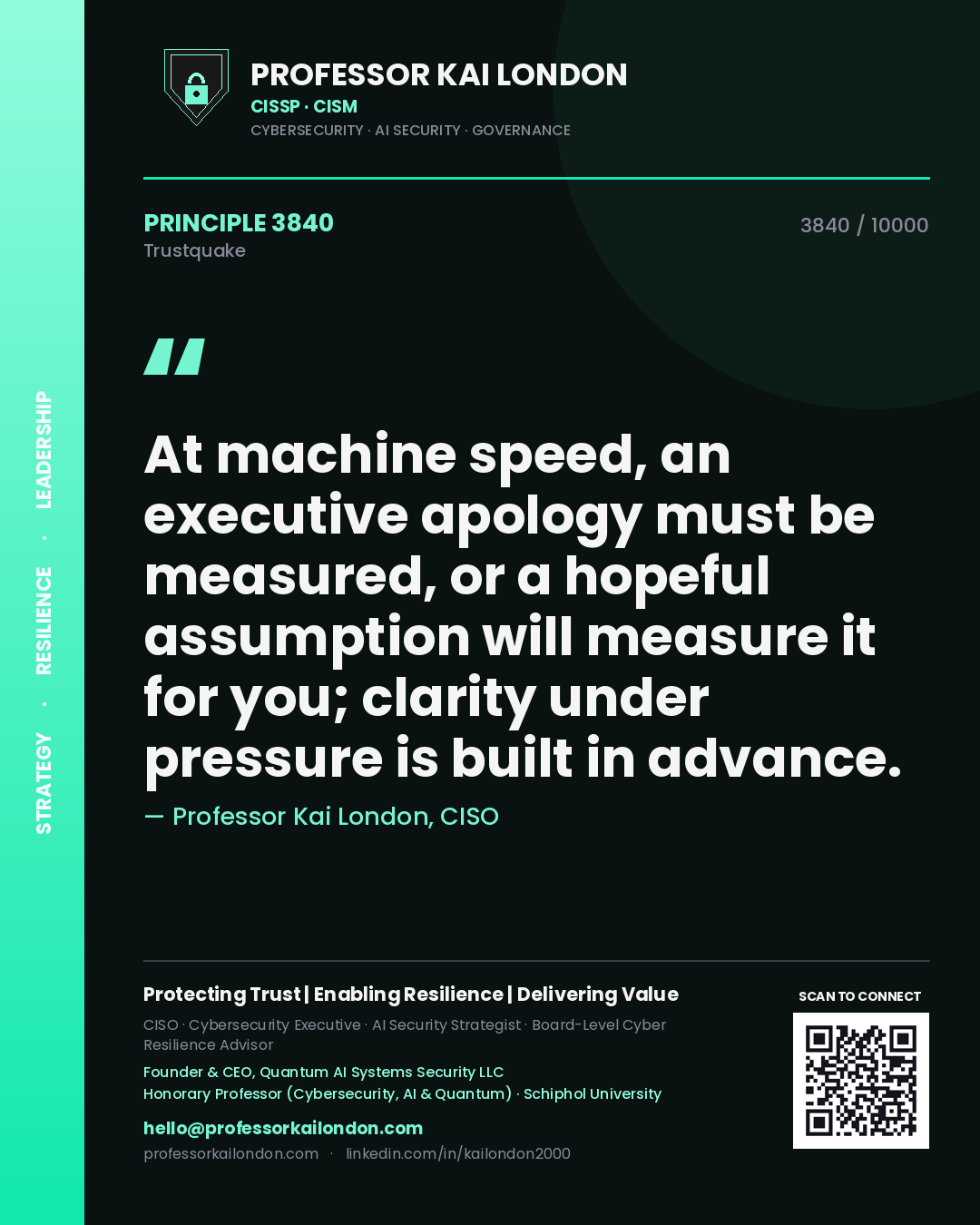 Professor Kai London principle 3840: At machine speed, an executive apology must be measured, or a hopeful assumption will measure it for you; clarity under pressure is built in advance.