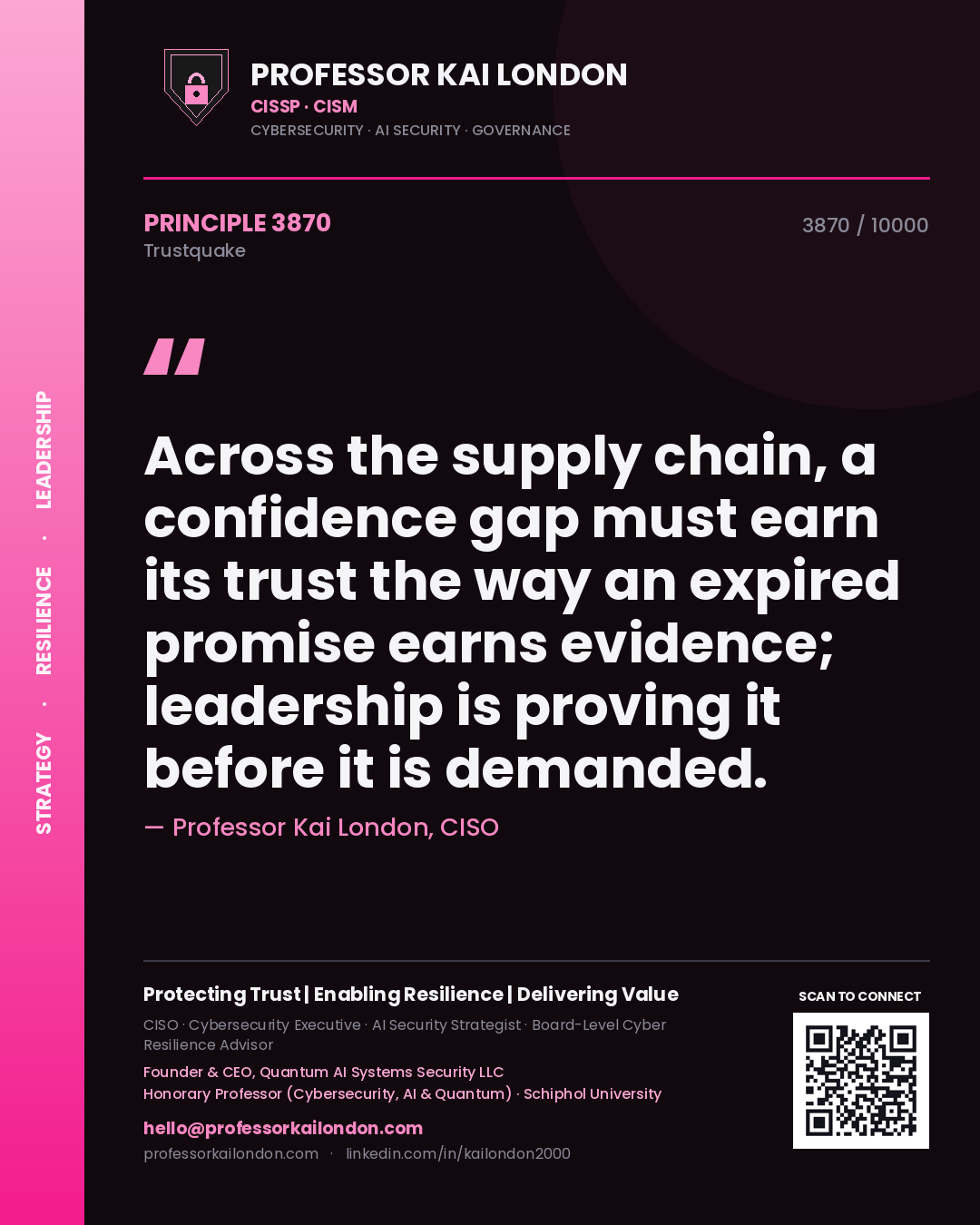 Quote card by Professor Kai London reading 'Across the supply chain, a confidence gap must earn its trust the way an expired promise earns evidence; leadership is proving it before it is demanded.'. From the book Trustquake.