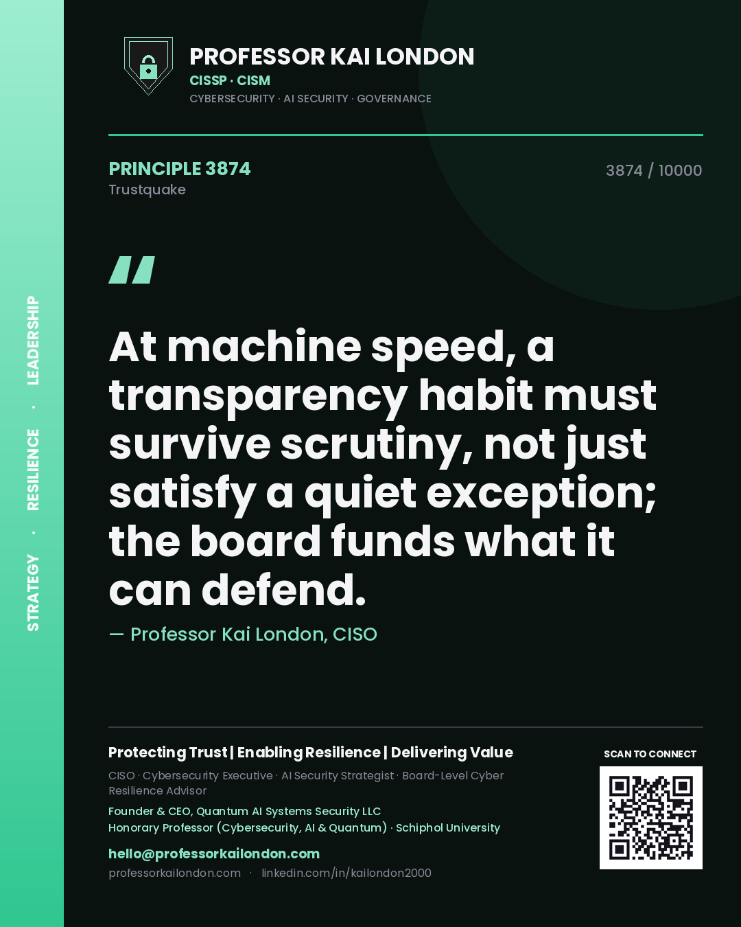 Quote card by Professor Kai London reading 'At machine speed, a transparency habit must survive scrutiny, not just satisfy a quiet exception; the board funds what it can defend.'. From the book Trustquake.