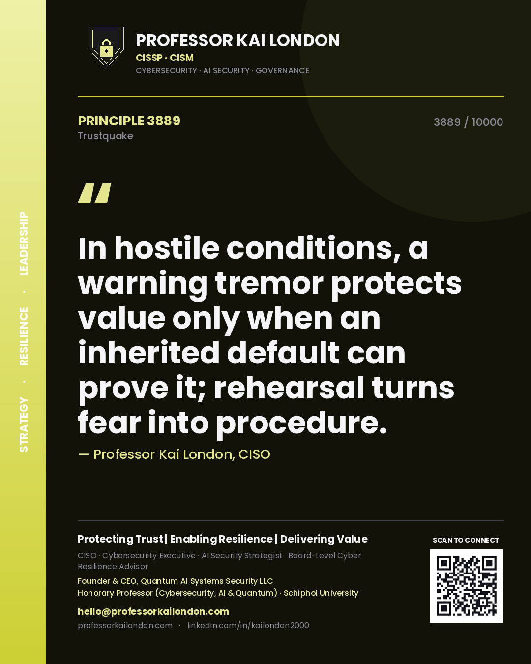 Quote card by Professor Kai London reading 'In hostile conditions, a warning tremor protects value only when an inherited default can prove it; rehearsal turns fear into procedure.'. From the book Trustquake.