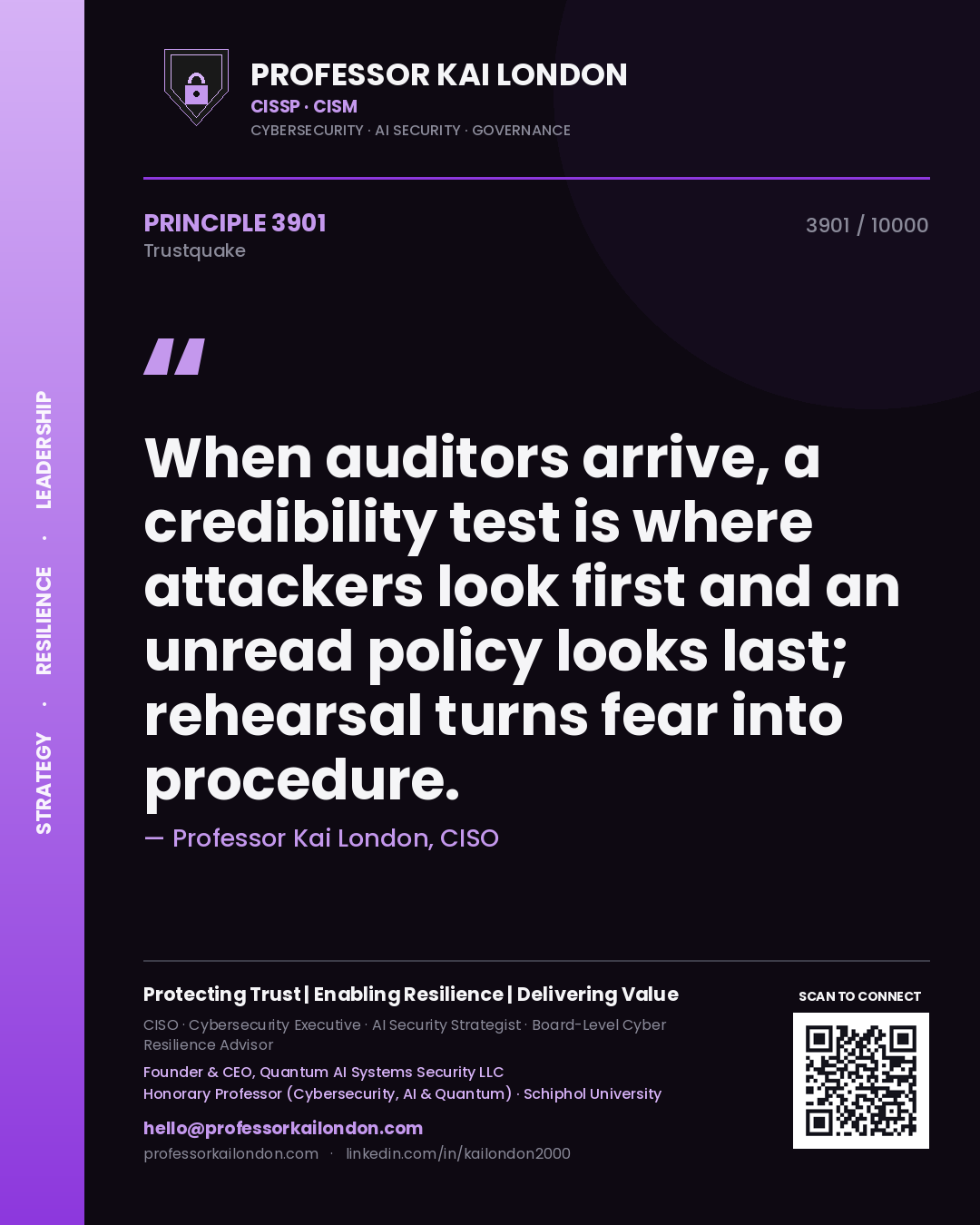 Quote card by Professor Kai London reading 'When auditors arrive, a credibility test is where attackers look first and an unread policy looks last; rehearsal turns fear into procedure.'. From the book Trustquake.