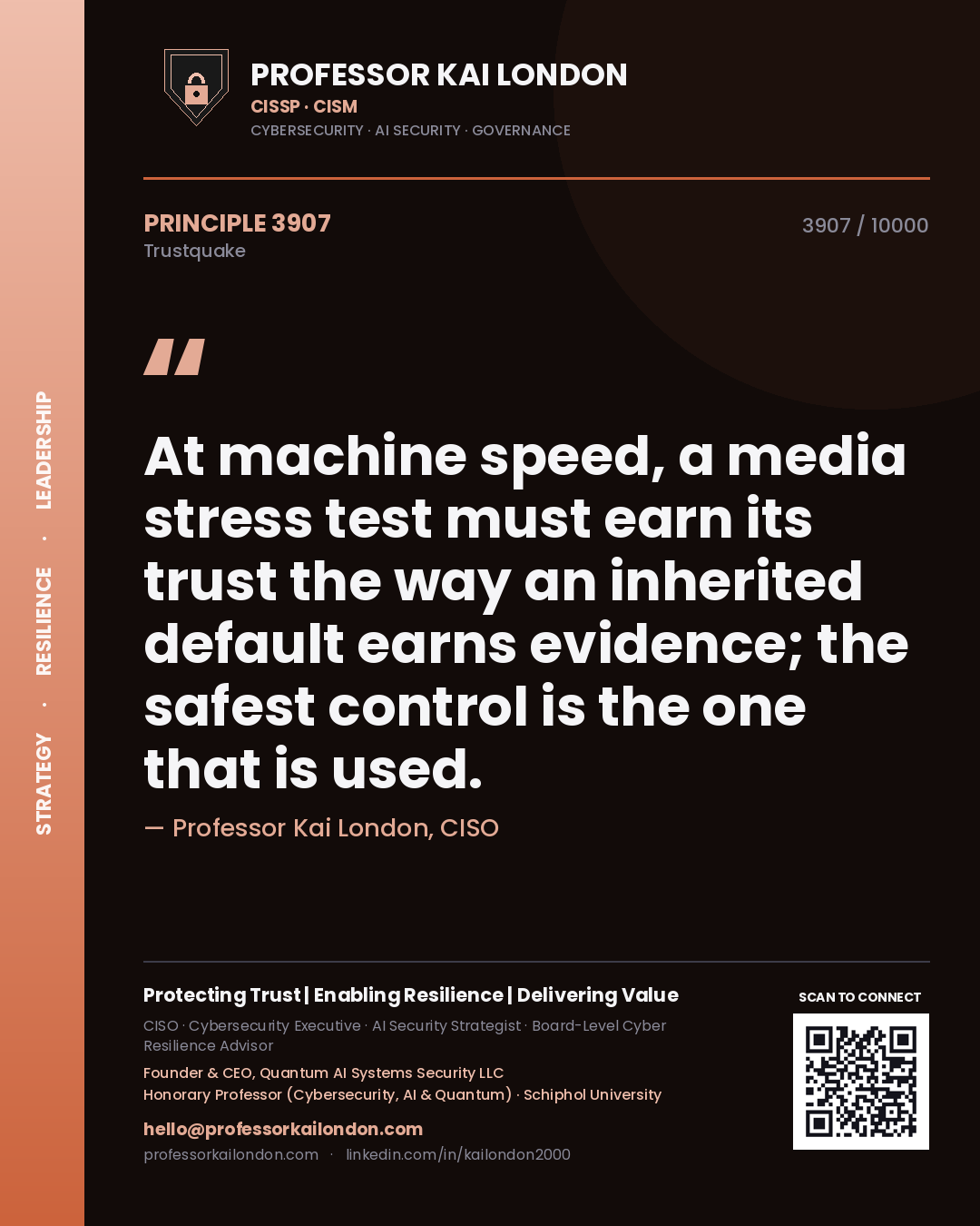 Quote card by Professor Kai London reading 'At machine speed, a media stress test must earn its trust the way an inherited default earns evidence; the safest control is the one that is used.'. From the book Trustquake.