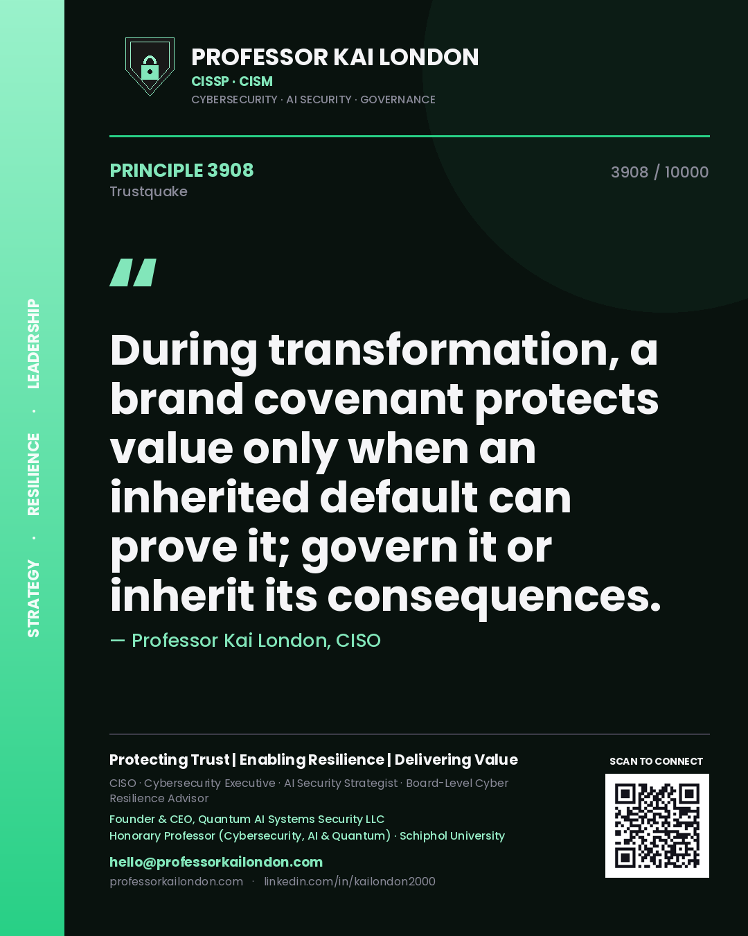 Quote card by Professor Kai London reading 'During transformation, a brand covenant protects value only when an inherited default can prove it; govern it or inherit its consequences.'. From the book Trustquake.