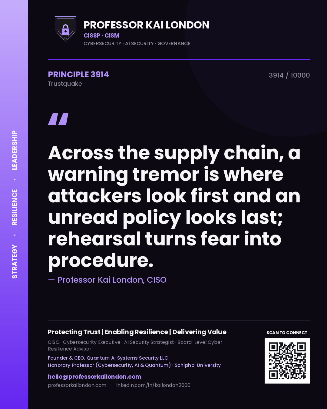Quote card by Professor Kai London reading 'Across the supply chain, a warning tremor is where attackers look first and an unread policy looks last; rehearsal turns fear into procedure.'. From the book Trustquake.