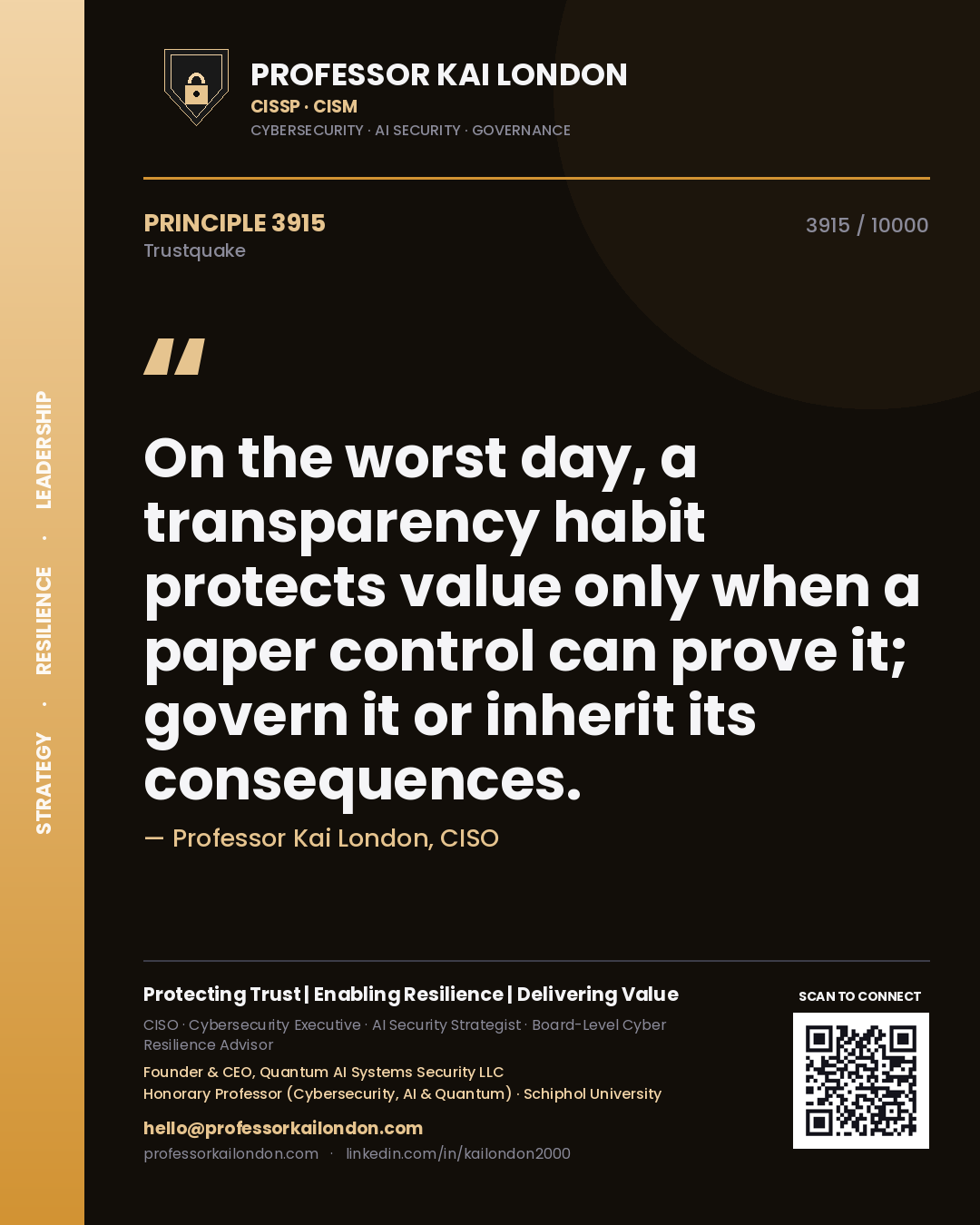 Quote card by Professor Kai London reading 'On the worst day, a transparency habit protects value only when a paper control can prove it; govern it or inherit its consequences.'. From the book Trustquake.