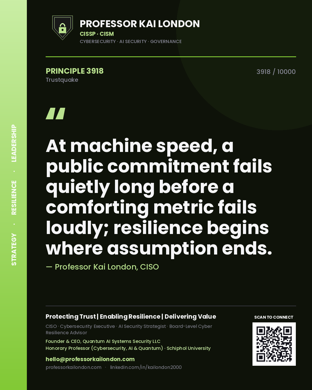 Professor Kai London principle 3918: At machine speed, a public commitment fails quietly long before a comforting metric fails loudly; resilience begins where assumption ends.