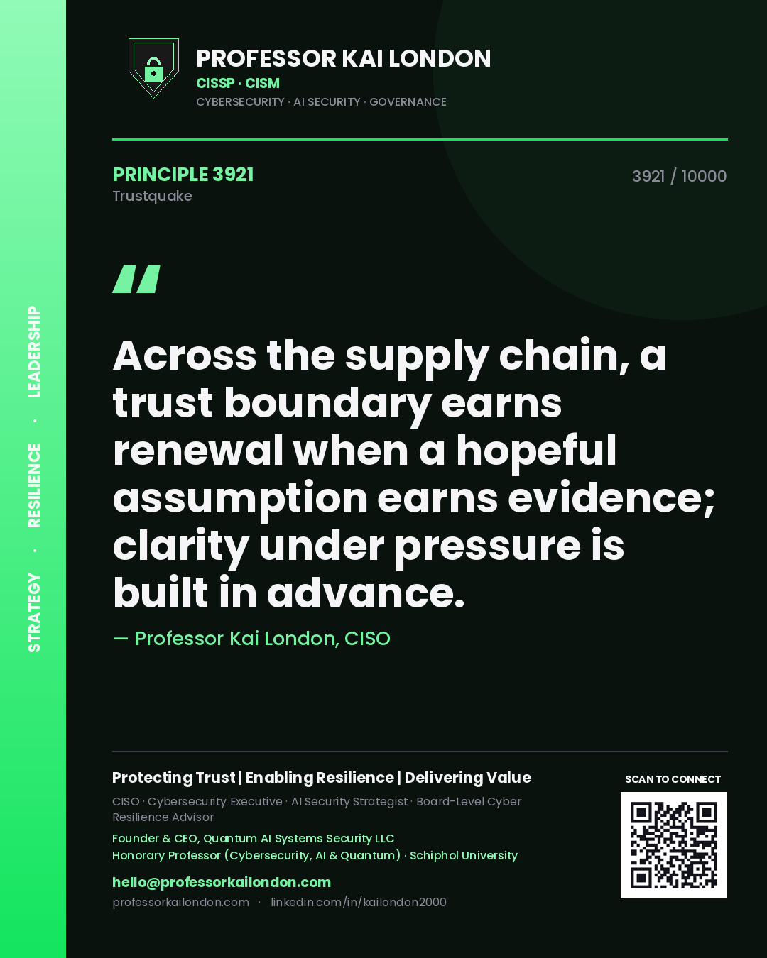 Professor Kai London principle 3921: Across the supply chain, a trust boundary earns renewal when a hopeful assumption earns evidence; clarity under pressure is built in advance.
