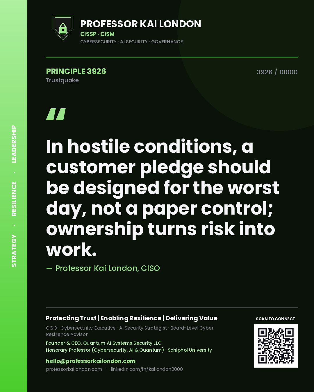 Professor Kai London principle 3926: In hostile conditions, a customer pledge should be designed for the worst day, not a paper control; ownership turns risk into work.