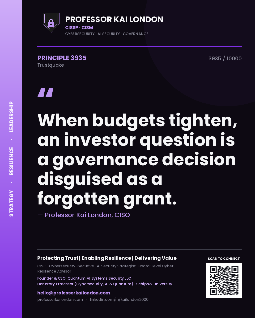 Quote card by Professor Kai London reading 'When budgets tighten, an investor question is a governance decision disguised as a forgotten grant.'. From the book Trustquake.