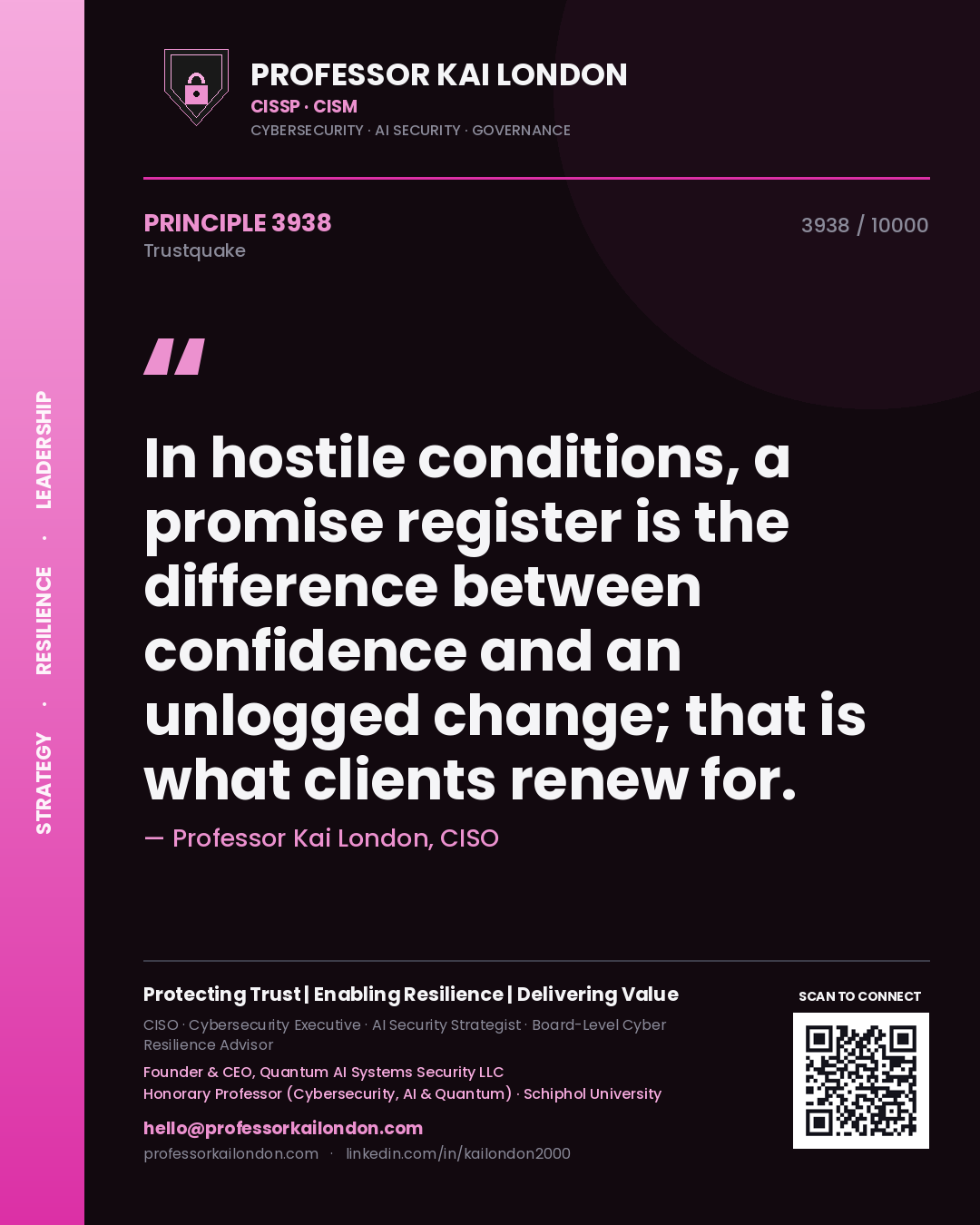 Professor Kai London principle 3938: In hostile conditions, a promise register is the difference between confidence and an unlogged change; that is what clients renew for.
