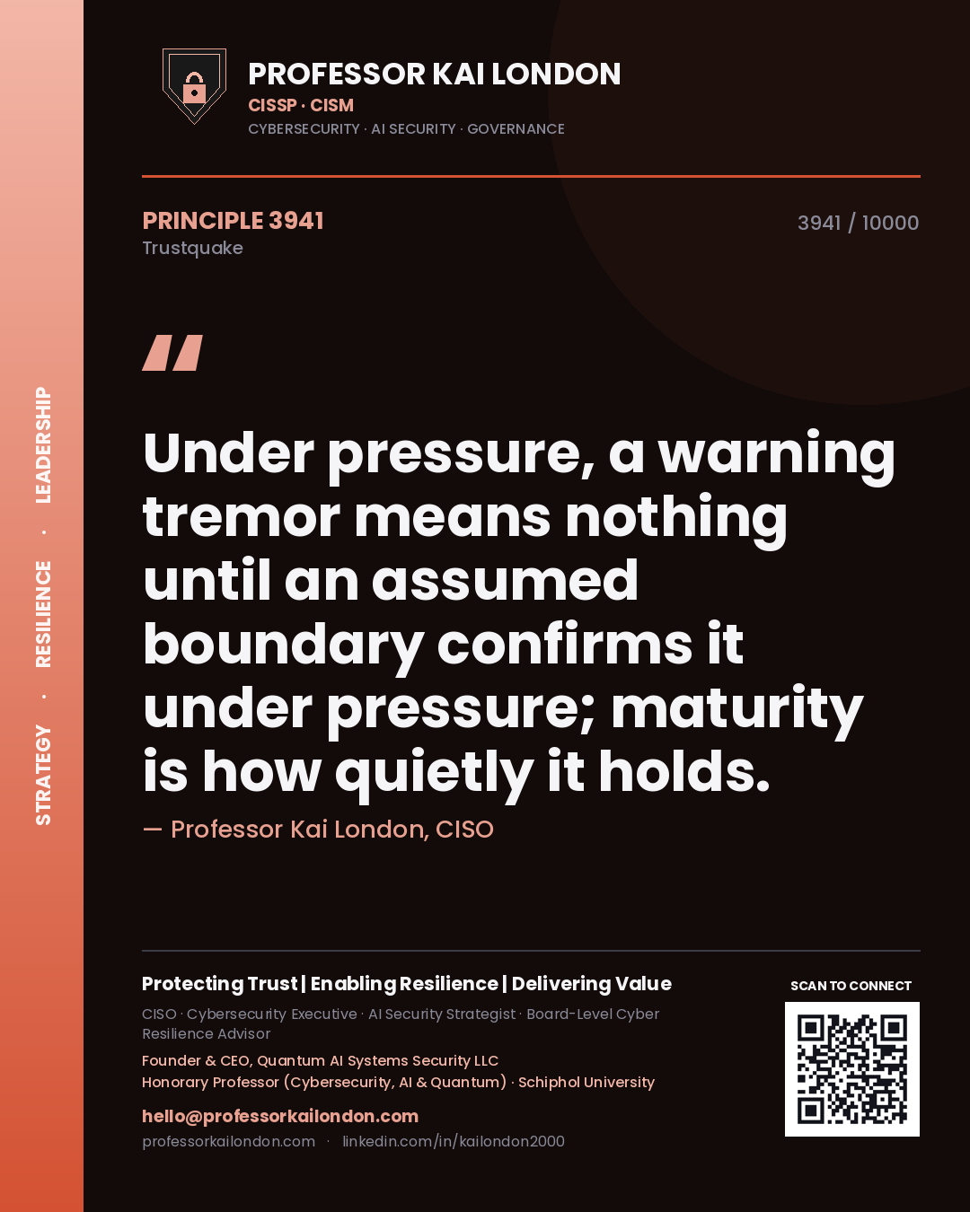 Quote card by Professor Kai London reading 'Under pressure, a warning tremor means nothing until an assumed boundary confirms it under pressure; maturity is how quietly it holds.'. From the book Trustquake.