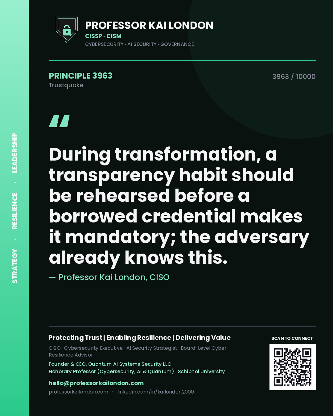 Quote card by Professor Kai London reading 'During transformation, a transparency habit should be rehearsed before a borrowed credential makes it mandatory; the adversary already knows this.'. From the book Trustquake.