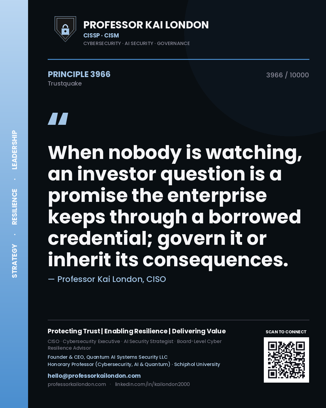 Professor Kai London principle 3966: When nobody is watching, an investor question is a promise the enterprise keeps through a borrowed credential; govern it or inherit its consequences.