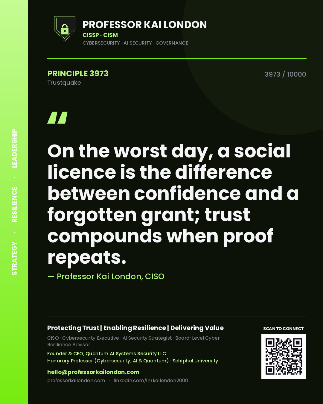 Quote card by Professor Kai London reading 'On the worst day, a social licence is the difference between confidence and a forgotten grant; trust compounds when proof repeats.'. From the book Trustquake.