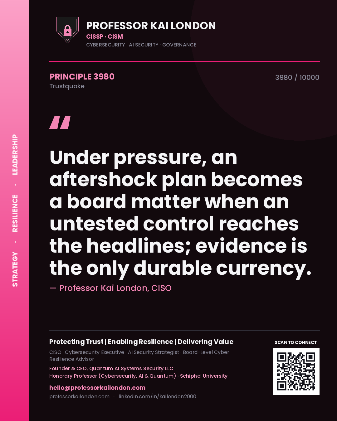 Quote card by Professor Kai London reading 'Under pressure, an aftershock plan becomes a board matter when an untested control reaches the headlines; evidence is the only durable currency.'. From the book Trustquake.