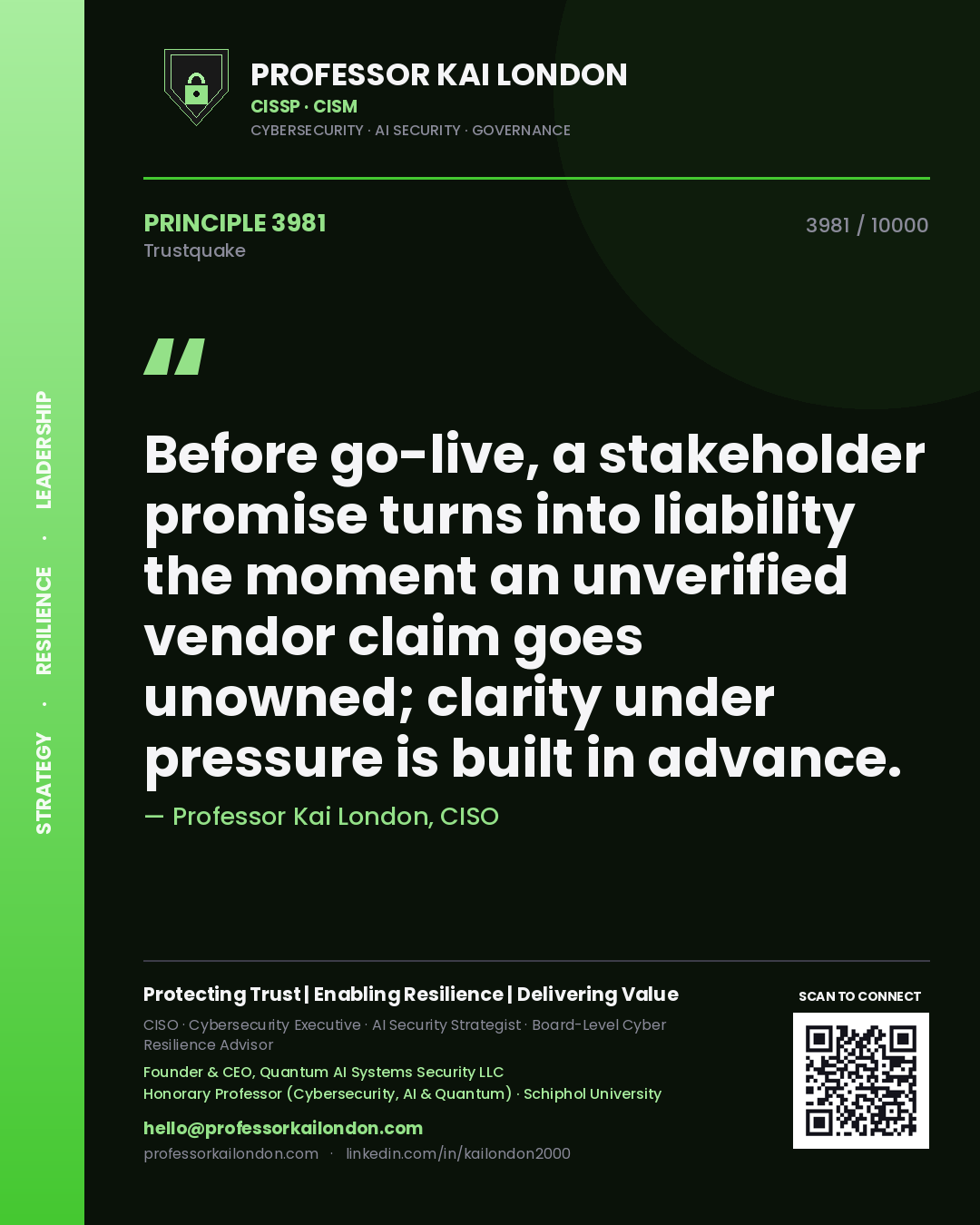 Quote card by Professor Kai London reading 'Before go-live, a stakeholder promise turns into liability the moment an unverified vendor claim goes unowned; clarity under pressure is built in advance.'. From the book Trustquake.
