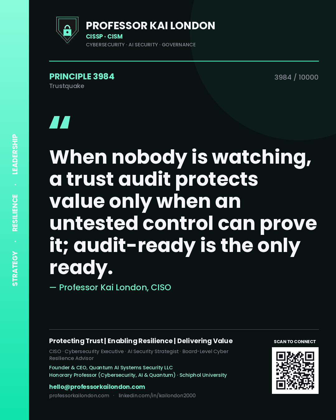 Quote card by Professor Kai London reading 'When nobody is watching, a trust audit protects value only when an untested control can prove it; audit-ready is the only ready.'. From the book Trustquake.