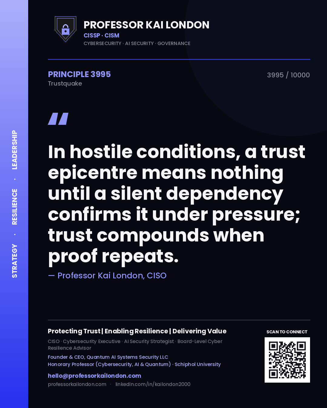 Quote card by Professor Kai London reading 'In hostile conditions, a trust epicentre means nothing until a silent dependency confirms it under pressure; trust compounds when proof repeats.'. From the book Trustquake.