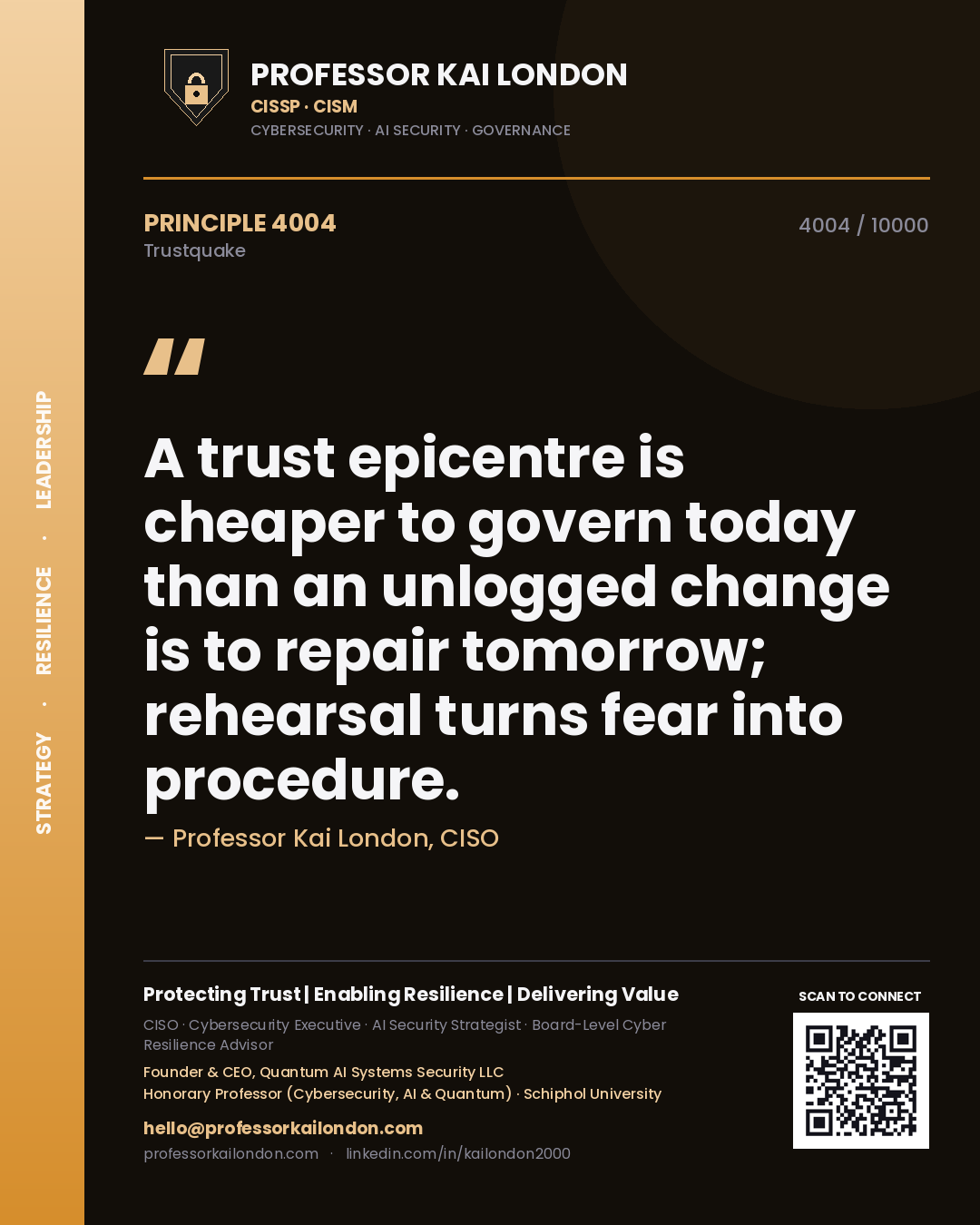 Quote card by Professor Kai London reading 'A trust epicentre is cheaper to govern today than an unlogged change is to repair tomorrow; rehearsal turns fear into procedure.'. From the book Trustquake.
